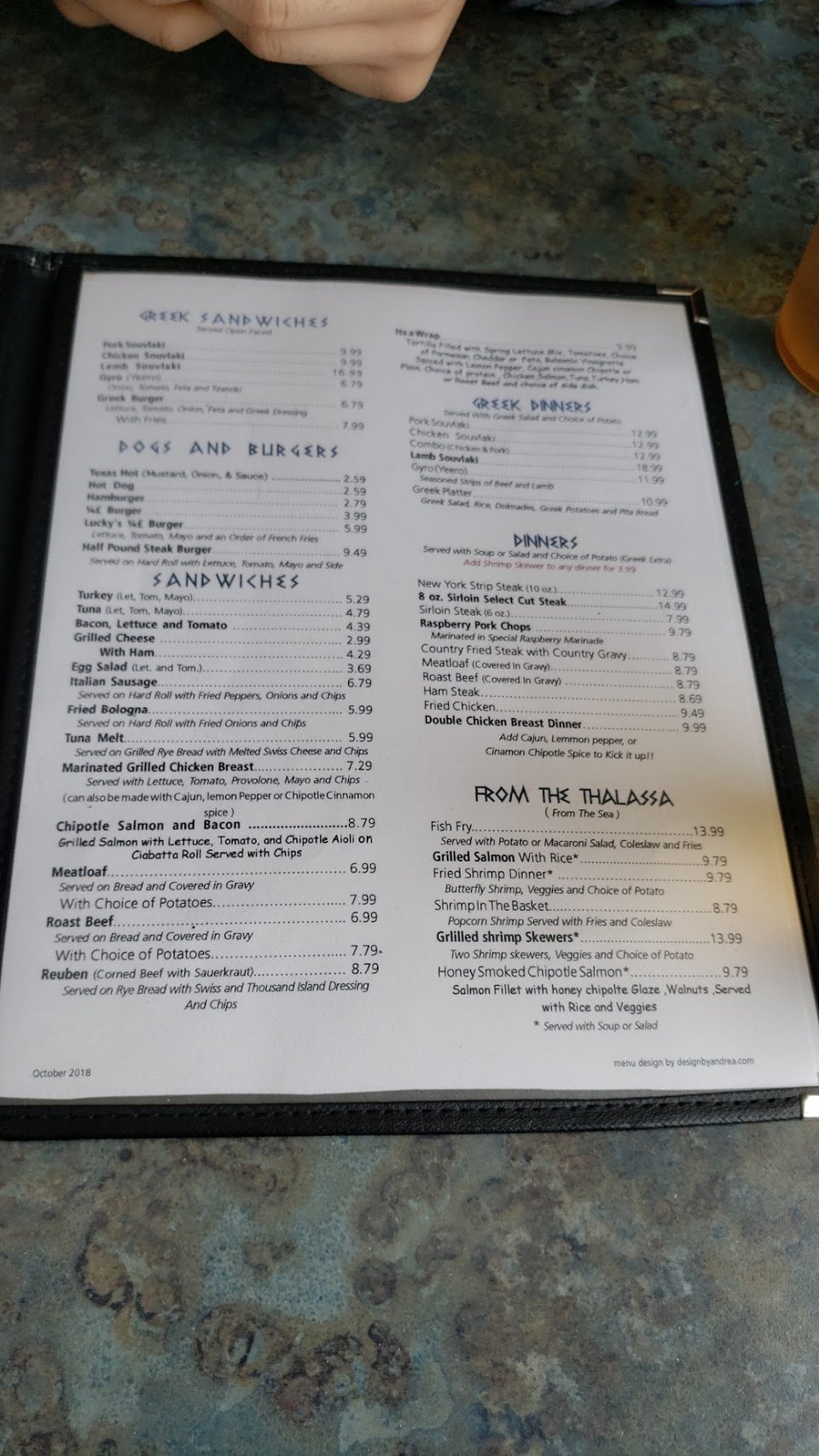 Greek diner menu with comfort food choices.